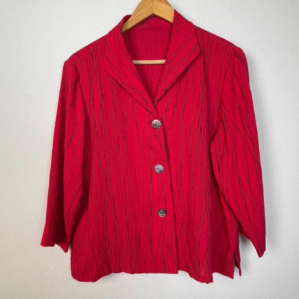 Fridaze Linen Red Black Size L 3/4 Sleeve Button Front Shirt Top Women Coastal